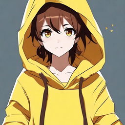 Create a high-quality digital art image of a cheerful anime character with brown hair and brown eyes