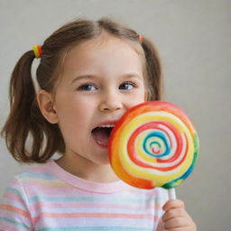 A cheerful, little girl happily eating a brightly colored, large lollipop