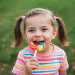 A cheerful, little girl happily eating a brightly colored, large lollipop