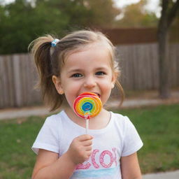 A cheerful, little girl happily eating a brightly colored, large lollipop