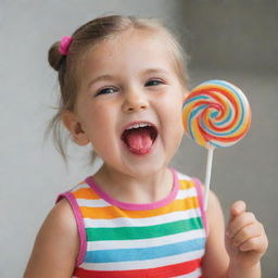 A cheerful, little girl happily eating a brightly colored, large lollipop