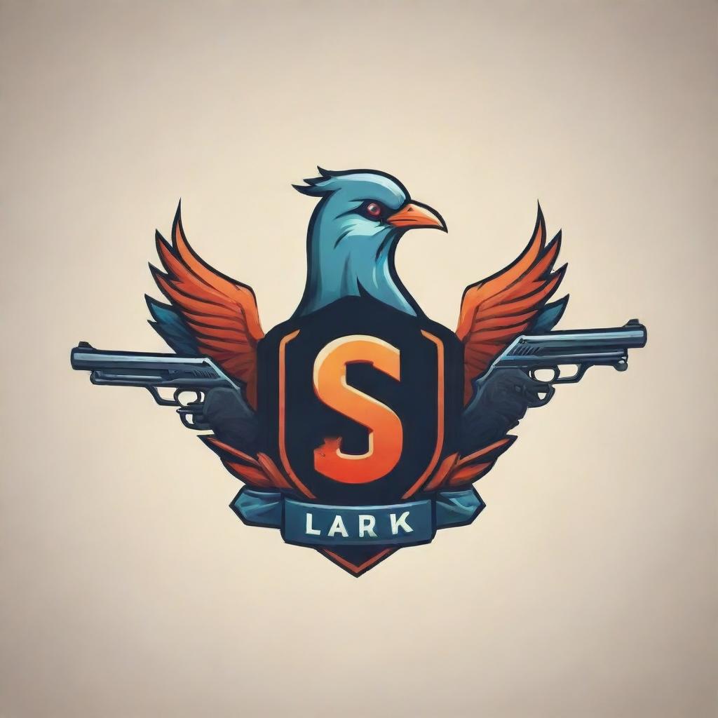 Create a gaming logo featuring stylized birds and guns, incorporating the name 'Lark', in a balance of fierceness and elegance.