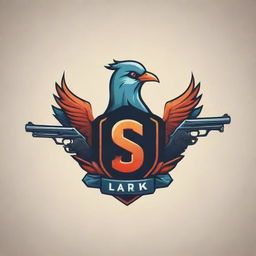 Create a gaming logo featuring stylized birds and guns, incorporating the name 'Lark', in a balance of fierceness and elegance.