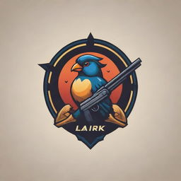 Create a gaming logo featuring stylized birds and guns, incorporating the name 'Lark', in a balance of fierceness and elegance.