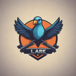 Create a gaming logo featuring stylized birds and guns, incorporating the name 'Lark', in a balance of fierceness and elegance.