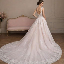 Design a detailed and elegant wedding dress with a long train and intricate lacework. The colors should be a mix of pastel pink and white.