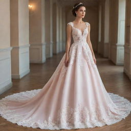 Design a detailed and elegant wedding dress with a long train and intricate lacework. The colors should be a mix of pastel pink and white.