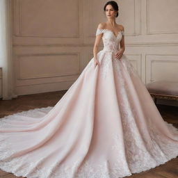 Design a detailed and elegant wedding dress with a long train and intricate lacework. The colors should be a mix of pastel pink and white.