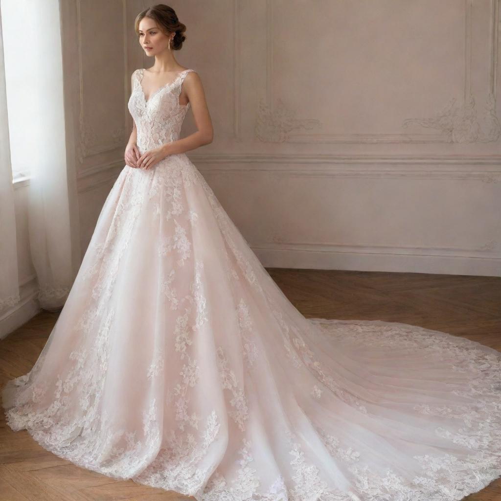 Design a detailed and elegant wedding dress with a long train and intricate lacework. The colors should be a mix of pastel pink and white.