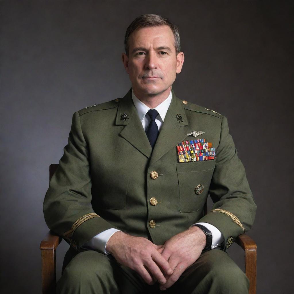 A military captain who is also a doctor, dressed in a blend of his military uniform and medical attire, sits confidently on a chair.