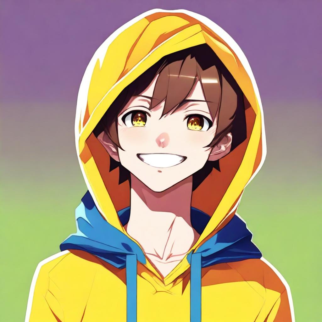 Produce a high-quality digital art image of a cheerful anime boy character with a closed-mouth smile