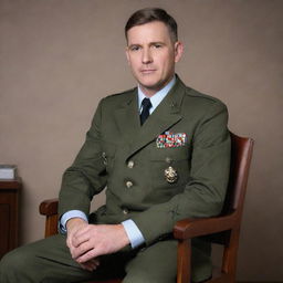 A military captain who is also a doctor, dressed in a blend of his military uniform and medical attire, sits confidently on a chair.