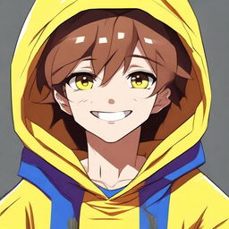 Produce a high-quality digital art image of a cheerful anime boy character with a closed-mouth smile