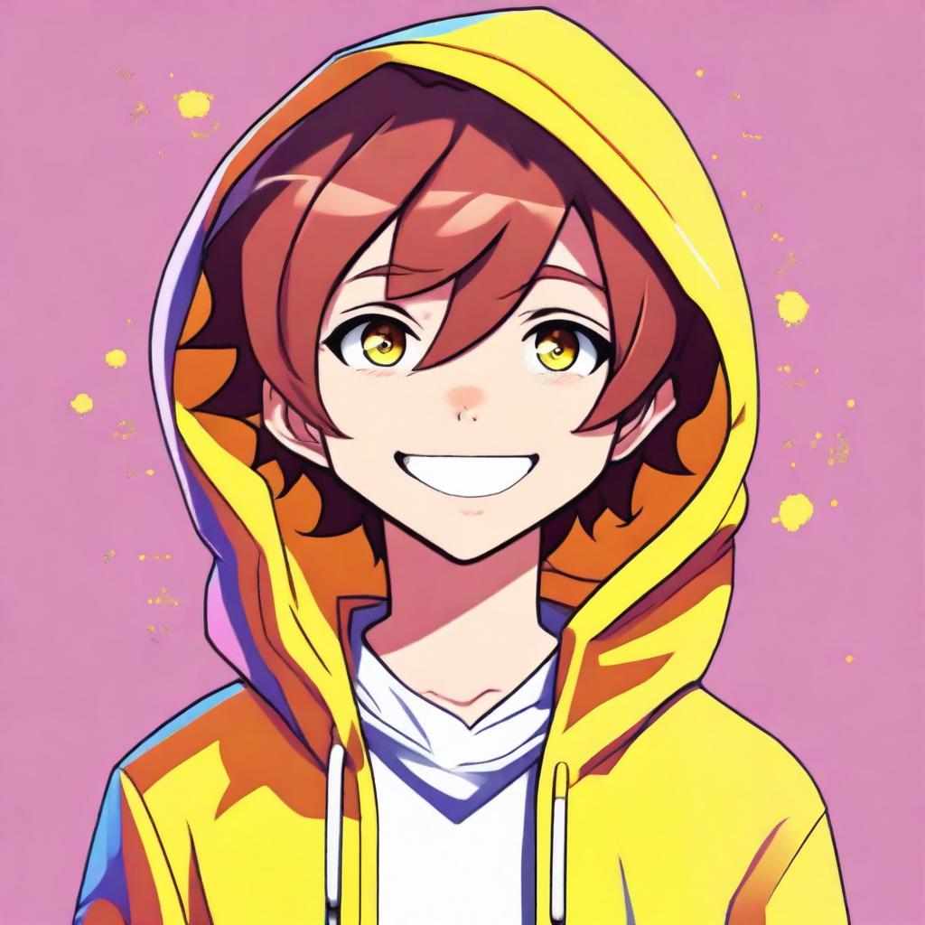 Produce a high-quality digital art image of a cheerful anime boy character with a closed-mouth smile