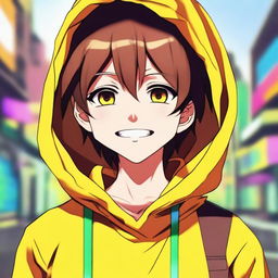 Produce a high-quality digital art image of a cheerful anime boy character with a closed-mouth smile