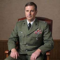 A military captain who is also a doctor, dressed in a blend of his military uniform and medical attire, sits confidently on a chair.