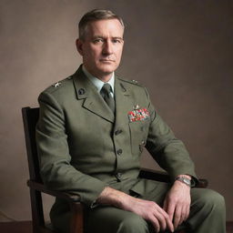 A military captain who is also a doctor, dressed in a blend of his military uniform and medical attire, sits confidently on a chair.