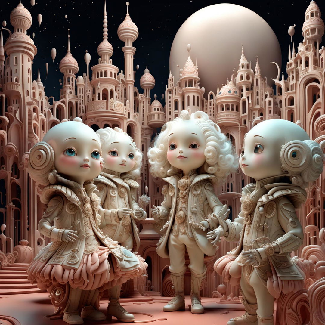 3D digital artwork in Rococo style featuring adorable fluffy white Martians in an ornate Martian landscape welcoming the viewer.