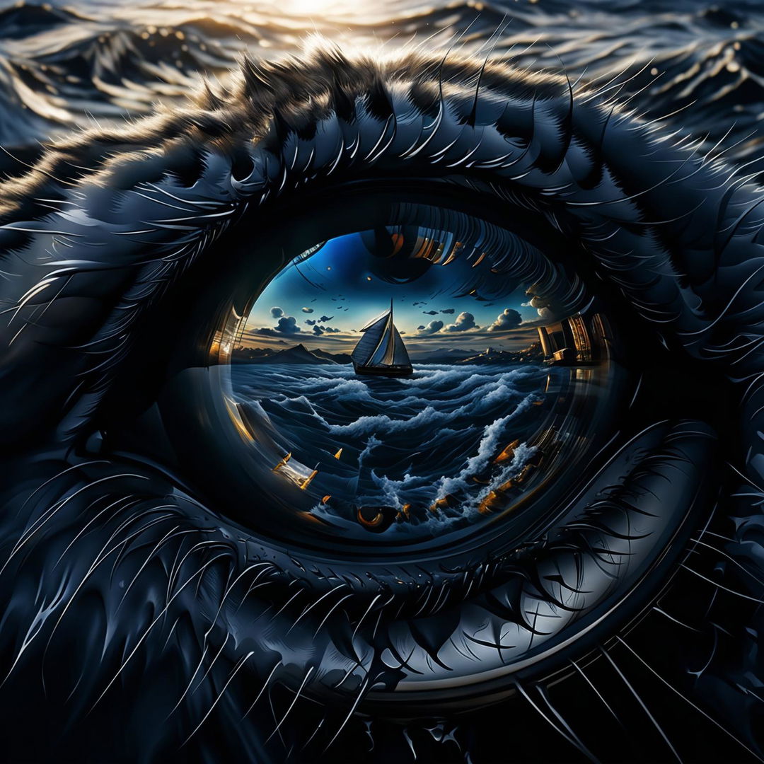 Ultra close-up digital art of a cat's eye reflecting a serene ocean scene at golden hour.