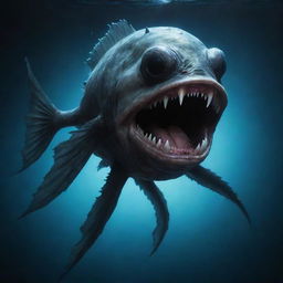 Create an image of a humanoid monster that has features of an anglerfish, including bioluminescent lure, large teeth, and sleek aquatic-like body.