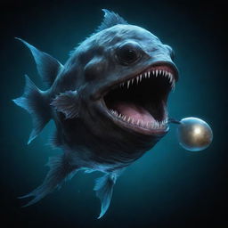 Create an image of a humanoid monster that has features of an anglerfish, including bioluminescent lure, large teeth, and sleek aquatic-like body.