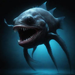 Create an image of a humanoid monster that has features of an anglerfish, including bioluminescent lure, large teeth, and sleek aquatic-like body.