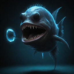 Create an image of a humanoid monster that has features of an anglerfish, including bioluminescent lure, large teeth, and sleek aquatic-like body.