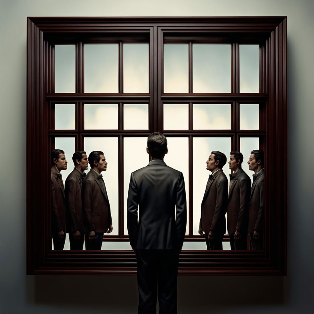 A surreal digital art piece showing a man looking through a series of progressively smaller windows at identical versions of himself.