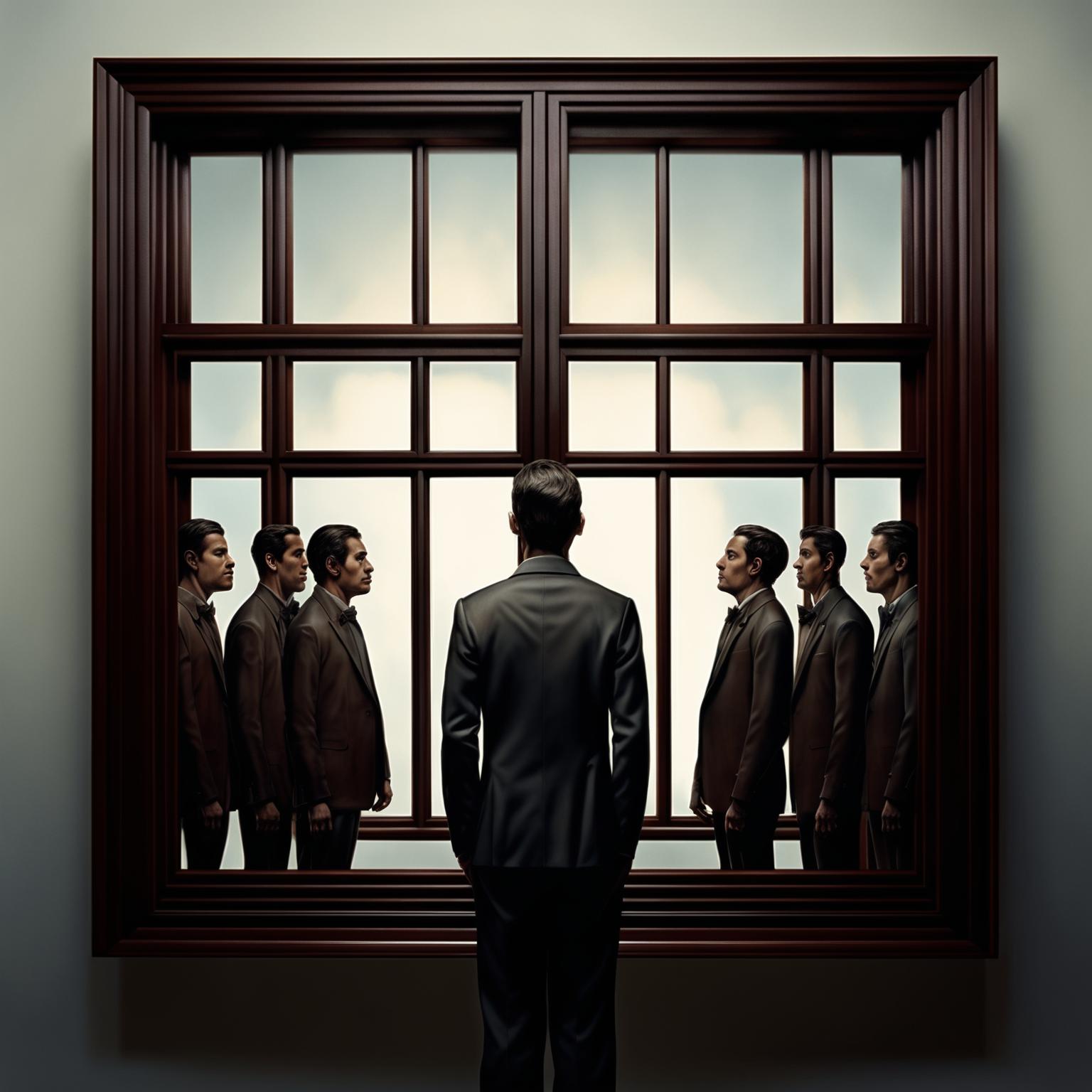 A surreal digital art piece showing a man looking through a series of progressively smaller windows at identical versions of himself.