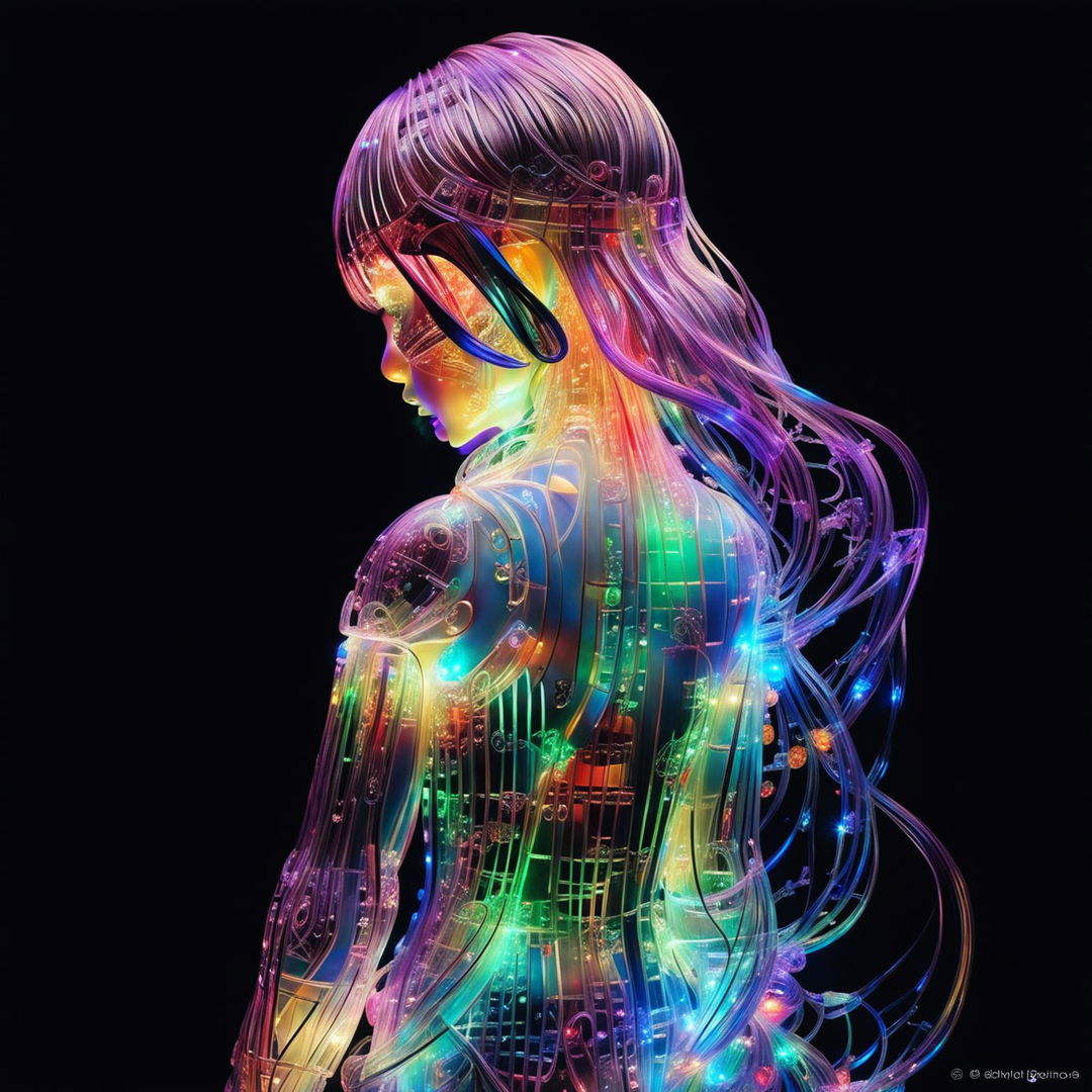 Digital art of a girl made entirely of glass and LED lights in back profile, casting vibrant reflections on a dark background.