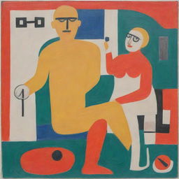 Create a painting in the style of Le Corbusier, focusing on the theme of human health. Include elements of physical wellness, mental health, and elements representing the human body.