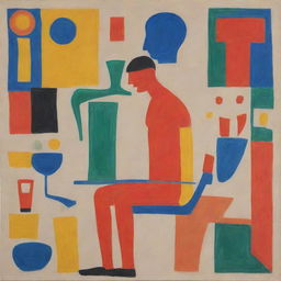 Create a painting in the style of Le Corbusier, focusing on the theme of human health. Include elements of physical wellness, mental health, and elements representing the human body.