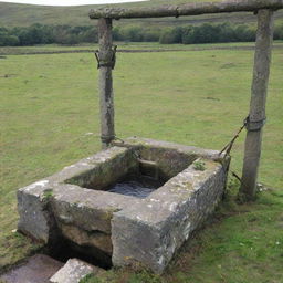 An aged stone well with a strong, sturdy ox nearby, equipped with a harness to draw up water.