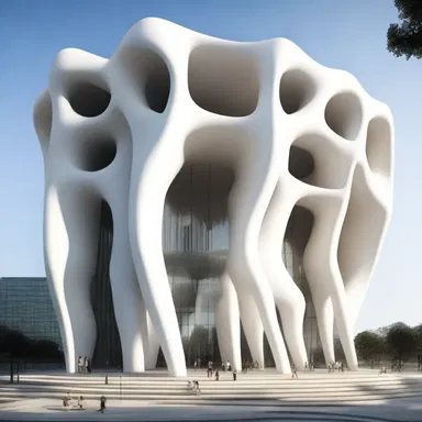 The platyctenean-inspired building design features tentacle-shaped columns and a flattened façade.