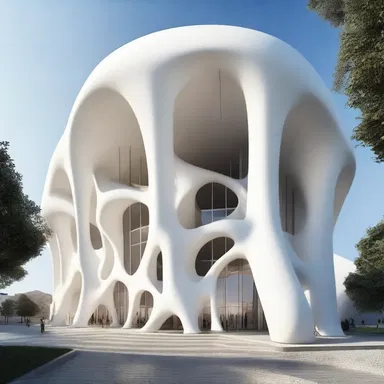 The platyctenean-inspired building design features tentacle-shaped columns and a flattened façade.