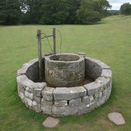 An aged stone well with a strong, sturdy ox nearby, equipped with a harness to draw up water.