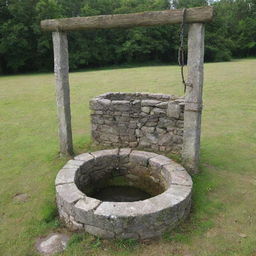 An aged stone well with a strong, sturdy ox nearby, equipped with a harness to draw up water.