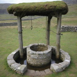 An aged stone well with a strong, sturdy ox nearby, equipped with a harness to draw up water.