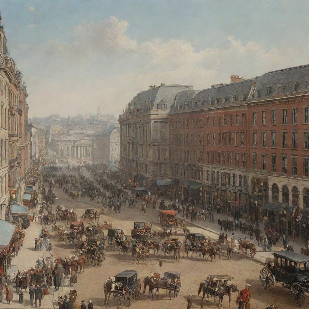 A richly detailed 19th-century backdrop with bustling city streets, horse-drawn carriages, grand buildings, and people in period attire.