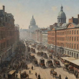 A richly detailed 19th-century backdrop with bustling city streets, horse-drawn carriages, grand buildings, and people in period attire.