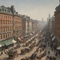 A richly detailed 19th-century backdrop with bustling city streets, horse-drawn carriages, grand buildings, and people in period attire.