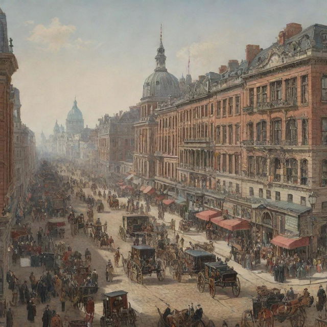 A richly detailed 19th-century backdrop with bustling city streets, horse-drawn carriages, grand buildings, and people in period attire.