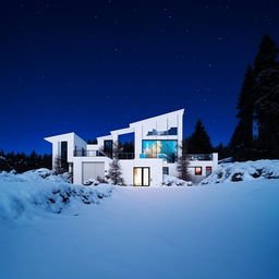 The pinnacle of Instagram aesthetics: a modern all-white house under a moonlit snowscape, aggressively amplified by the most radical Instagram filter. It radiates impossibly bright, multicolored lights, illuminating a cosmos of whimsically diverse planets, stars, and celestial phenomena magnetically drawn to its vibrant intensity.