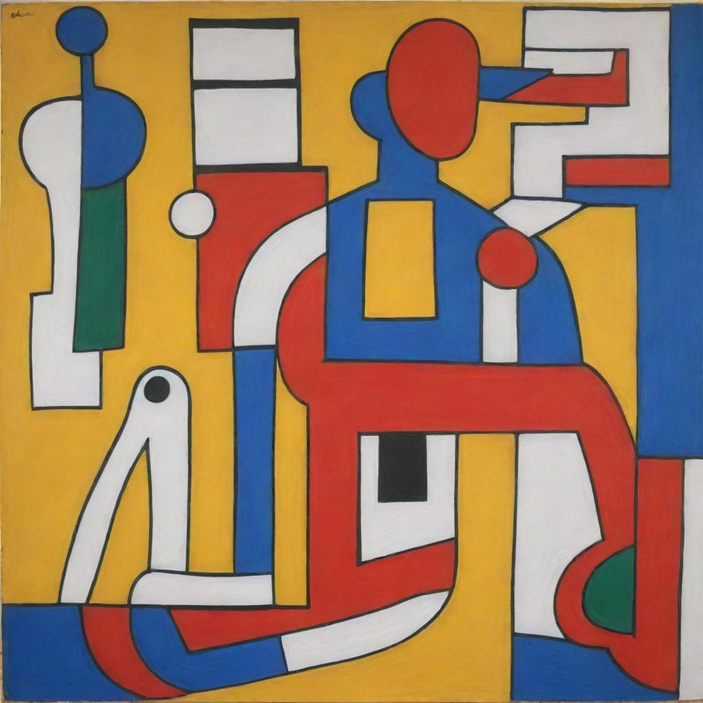 Generate a freehand style painting in the style of Le Corbusier about human health. The painting should use primary colors predominantly and represent facets of physical and mental wellness.