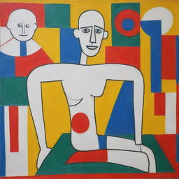 Generate a freehand style painting in the style of Le Corbusier about human health. The painting should use primary colors predominantly and represent facets of physical and mental wellness.