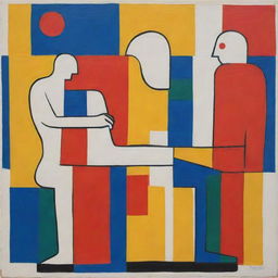 Generate a freehand style painting in the style of Le Corbusier about human health. The painting should use primary colors predominantly and represent facets of physical and mental wellness.