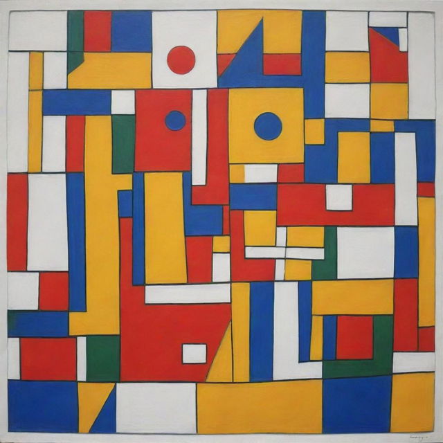 Generate a freehand style painting in the style of Le Corbusier about human health. The painting should use primary colors predominantly and represent facets of physical and mental wellness.