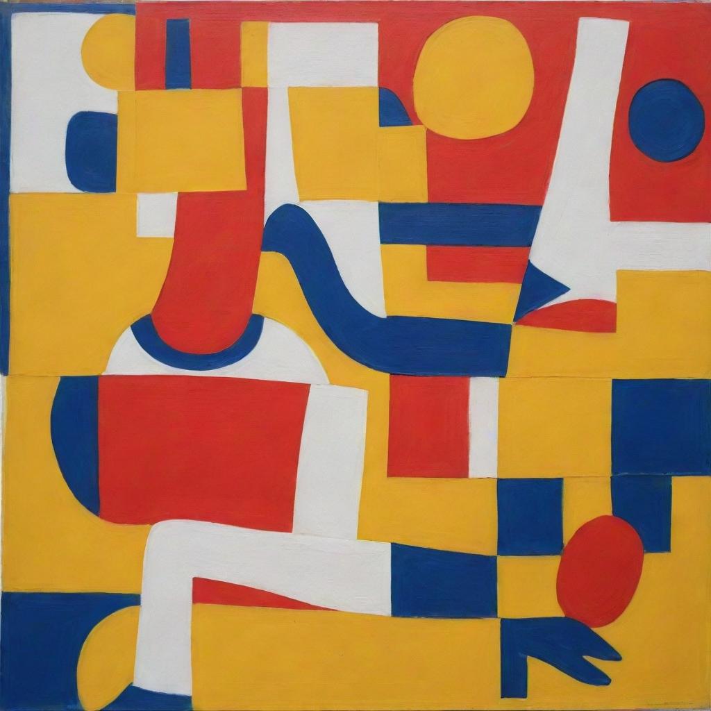 Generate a freehand style painting inspired by Le Corbusier, themed around human health. The painting should predominantly use primary colors to depict elements of both physical and mental wellness.