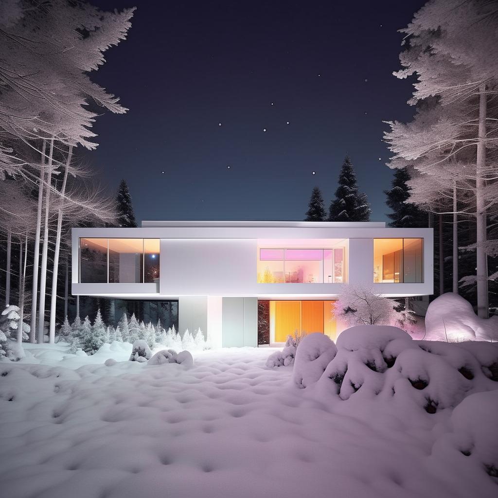 The pinnacle of Instagram aesthetics: a modern all-white house under a moonlit snowscape, aggressively amplified by the most radical Instagram filter. It radiates impossibly bright, multicolored lights, illuminating a cosmos of whimsically diverse planets, stars, and celestial phenomena magnetically drawn to its vibrant intensity.