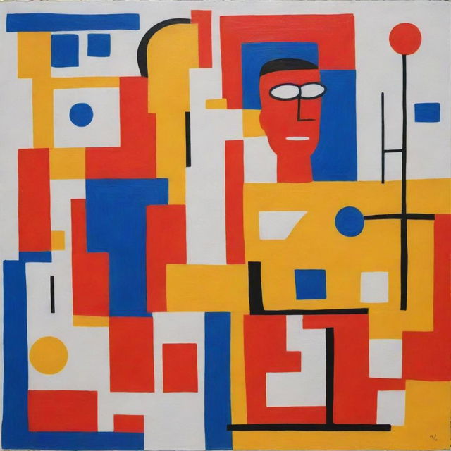 Generate a freehand style painting inspired by Le Corbusier, themed around human health. The painting should predominantly use primary colors to depict elements of both physical and mental wellness.